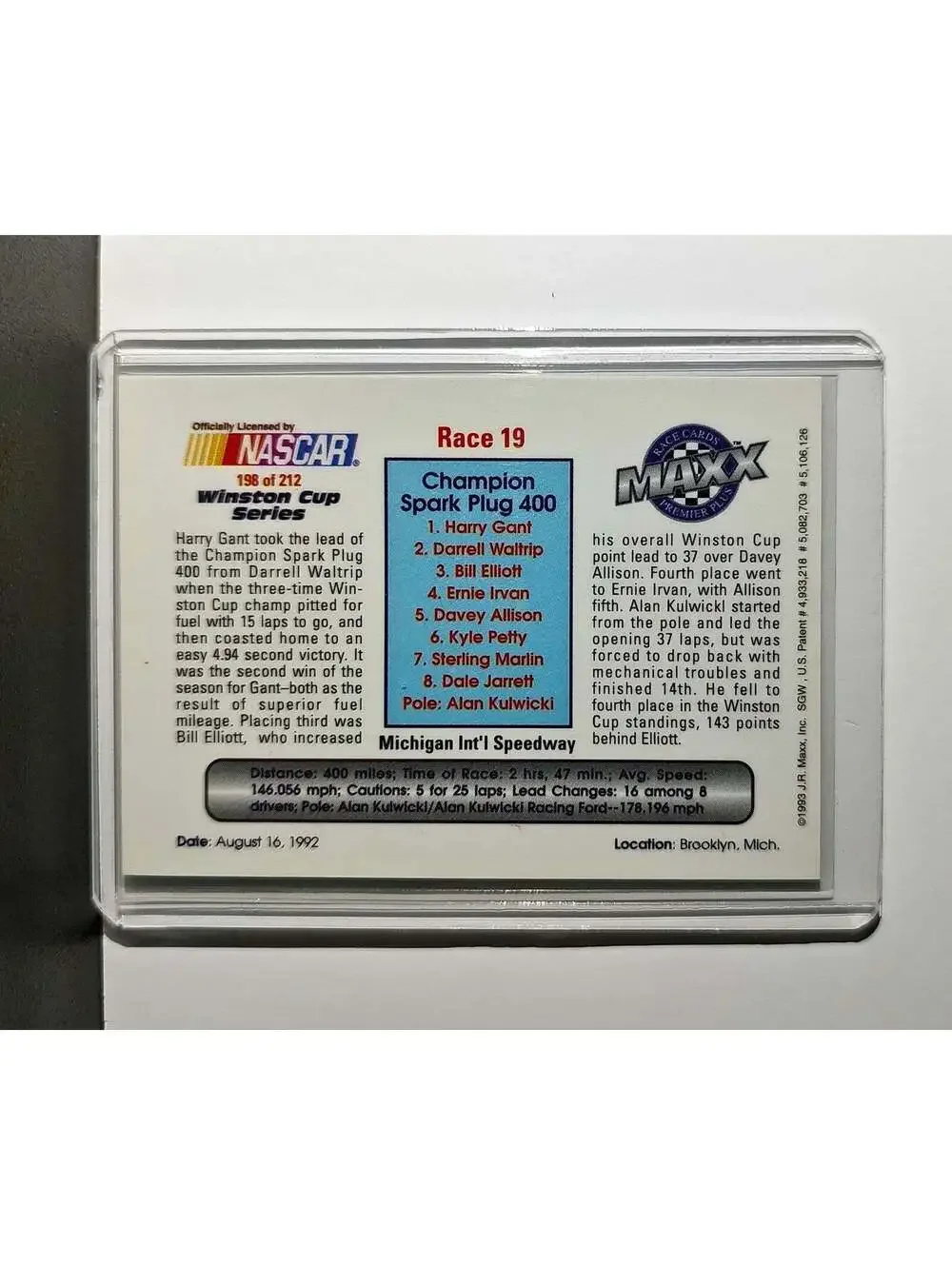 Race 19 Michigan YR 1993 Maxx Premier Plus Racing #198 NASCAR Card